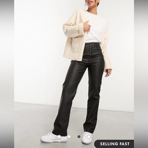 ASOS DESIGN faux leather straight leg pants in washed brown/black